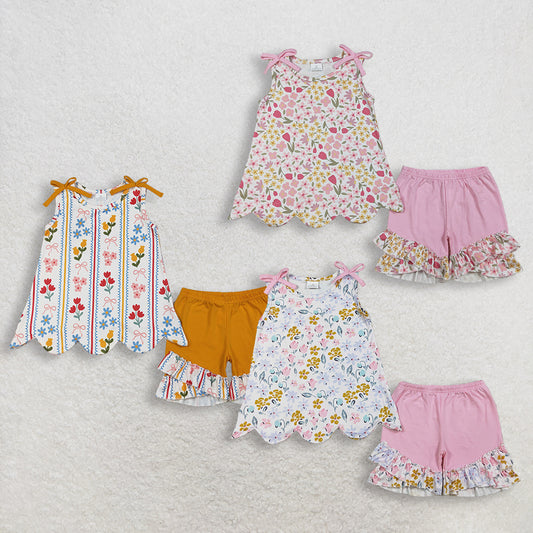 RTS NO MOQ Sibling Baby Girls Bows And Flowers Stripe Scallop Tunic with Ruffle Shorts Cute Outfit Set for Little Ones