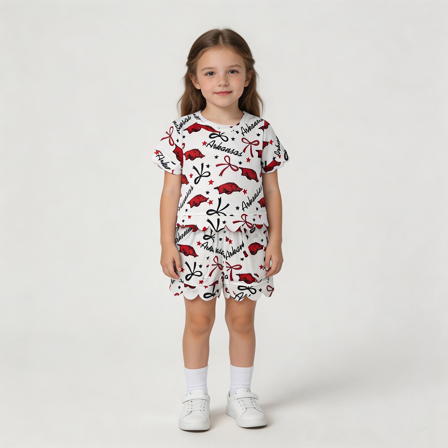 RTS NO MOQ milk silk GSSO3254 Baby Girls Star Bows Top With Pockets Shorts Team Scallop Clothes Set