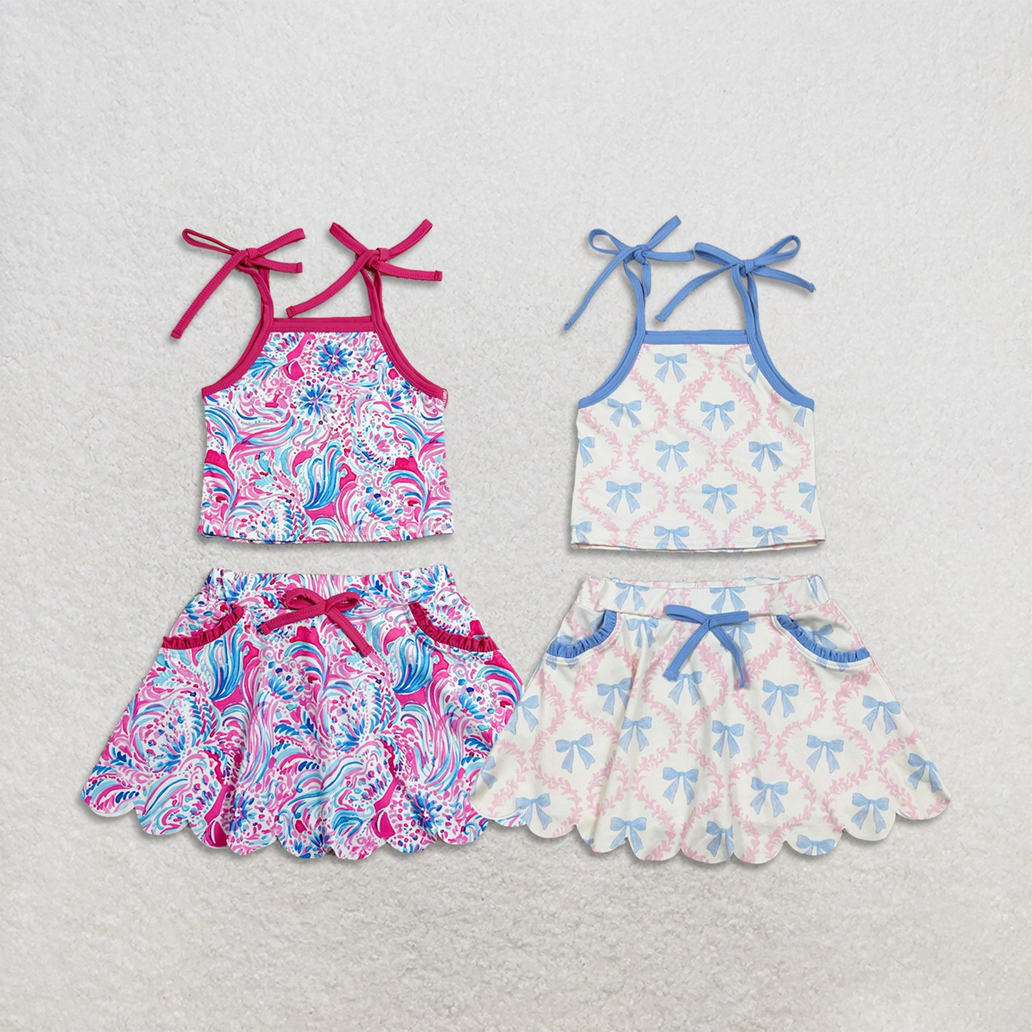 RTS NO MOQ Sibling yoga fabric Baby Girls Strap Pocket Top Scallop Short Skirt Yoga Active Outfits