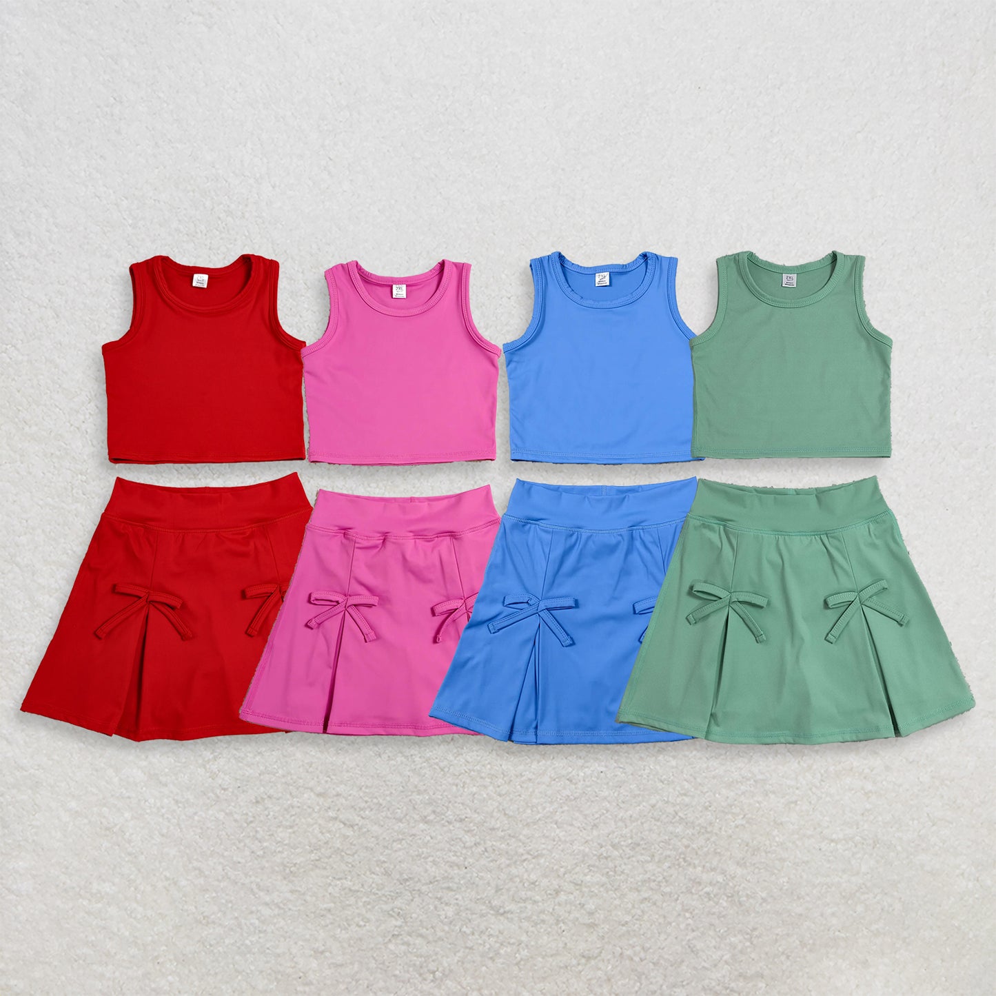 RTS NO MOQ Sibling yoga fabric cotton Baby Girls Sleeveless Vest Bow Top And Skort Two Piece Yoga Active Clothes Set