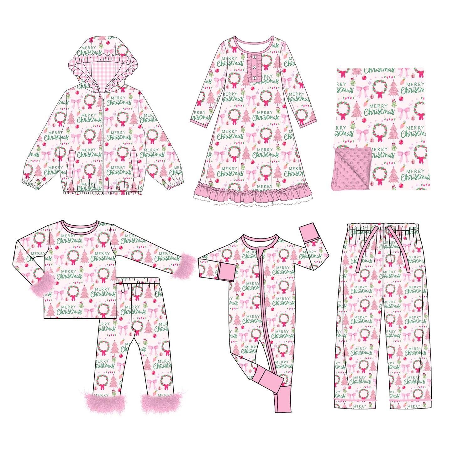 (Preorder new) No moq Baby girl Christmas Tree Kids Pajama Set Cute Zipper romper blanket