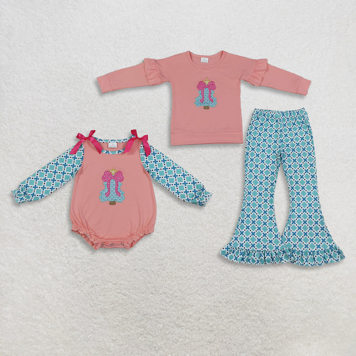 RTS NO MOQ Sibling milk silk Baby Girls Christmas Tree Print Long Sleeve Dress Rompers Holiday Outfit