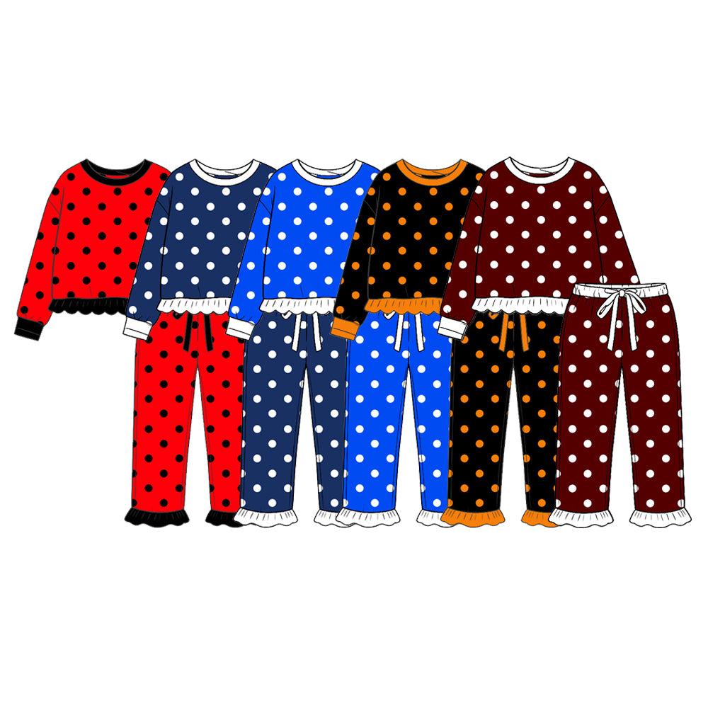 (Preorder new) No moq Baby Girls Polka Dot Pajama Set Long Sleeve Ruffle Top And Ruffle Pant Sleepwear