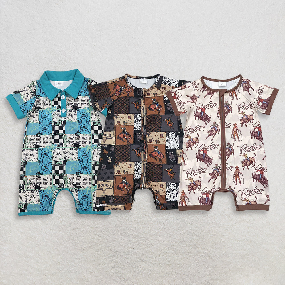 RTS NO MOQ Sibling Baby Boys Rodeo Zip Romper Short Sleeve Cowboy Western Boot Horses Button Rompers
