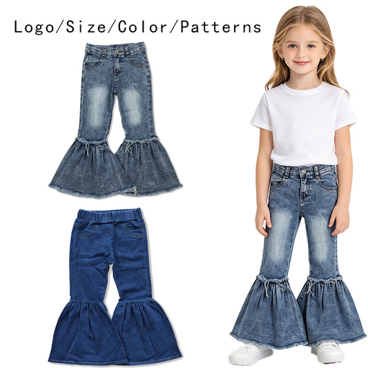 RTS NO MOQ Sibling Denim Baby Kids Ruffle Bell Bottom Jeans Denim Flared Trousers
