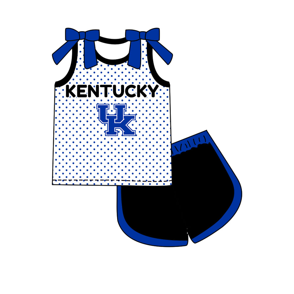 Custom moq 5 mix size summer teams Girls Polka Dot Top Shorts Set Blue Bows Top Skirt Short Set Zipper Pullover Pants Set