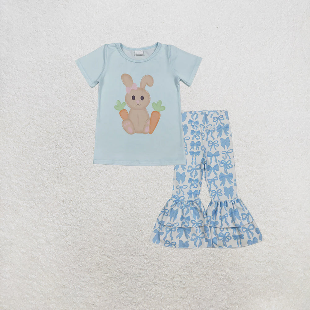RTS NO MOQ milk silk GT1395+P0886 Baby Girls Short Sleeve Rabbits Carrots Easter T-shirts Top Set