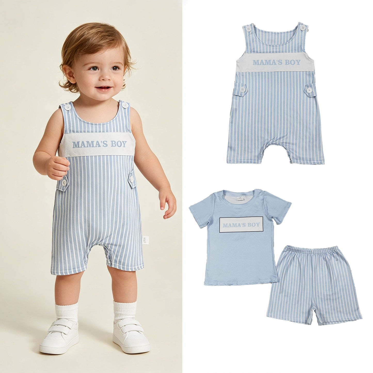RTS NO MOQ milk silk Sibling Baby Boys Mama's Boy Light Blue Striped Two Piece Clothes Set Rompers