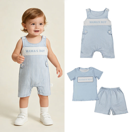 RTS NO MOQ milk silk Sibling Baby Boys Mama's Boy Light Blue Striped Two Piece Clothes Set Rompers