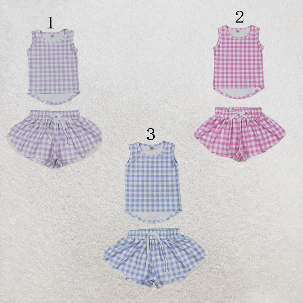 RTS NO MOQ Sibling yoga fabric Baby Girls Checked Vest Top Butterfly Shorts Yoga Active Clothes Sets