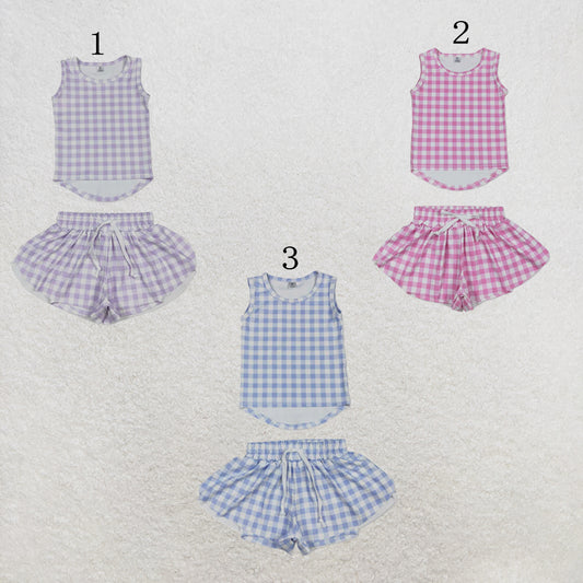 RTS NO MOQ Sibling yoga fabric Baby Girls Checked Vest Top Butterfly Shorts Yoga Active Clothes Sets