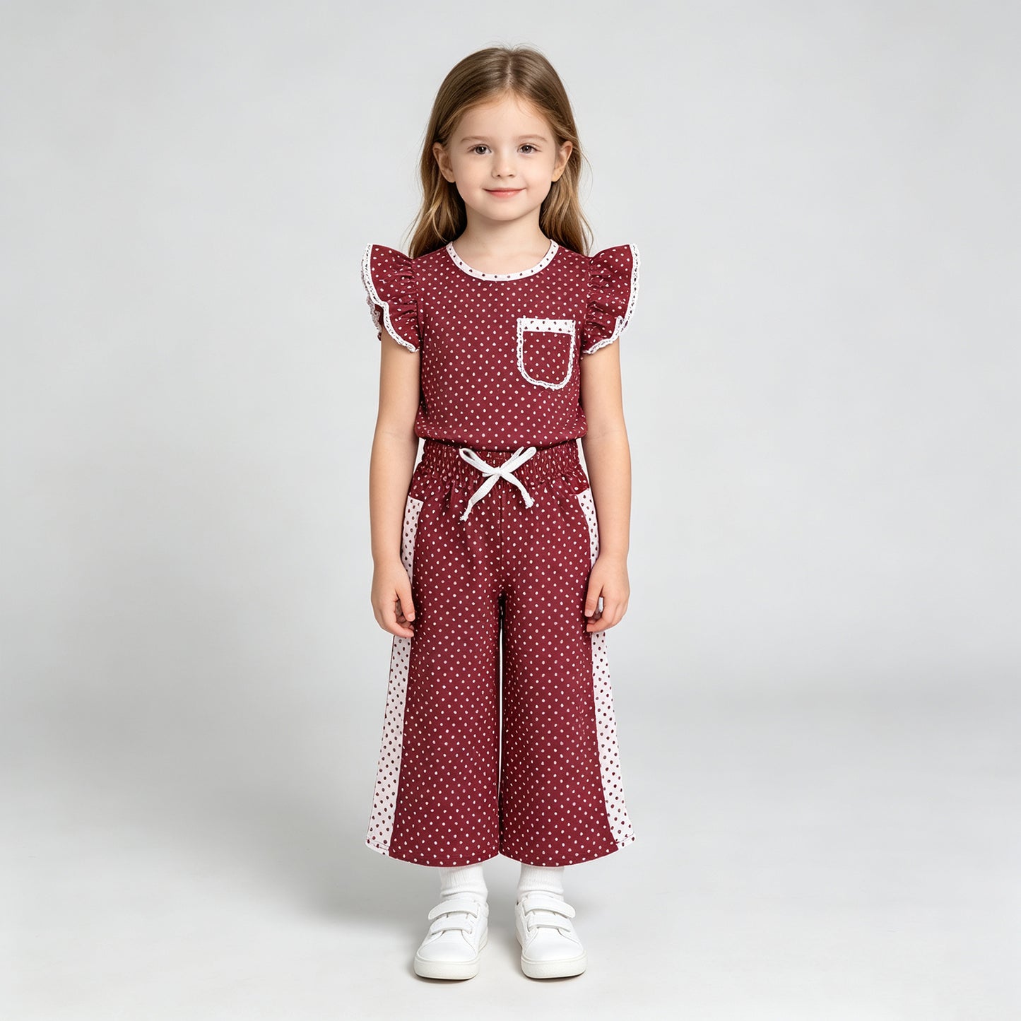 RTS NO MOQ milk silk GSPO2329 Baby Girls Maroon Polka Dots Pocket Top Flare Pant Clothes Sets