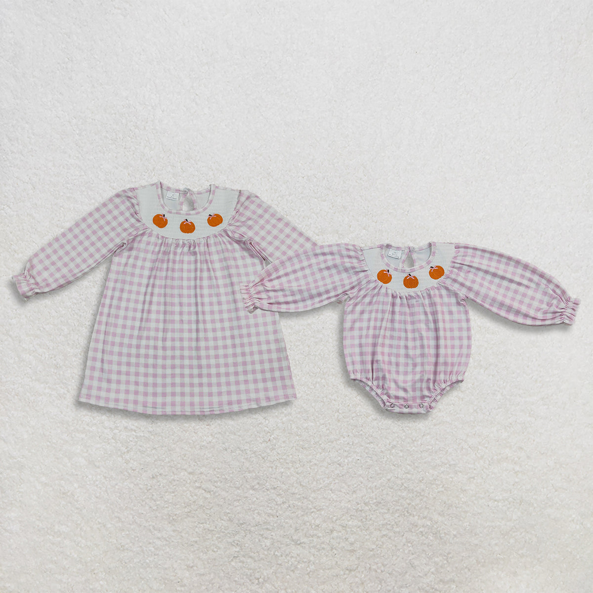 RTS NO MOQ Sibling milk silk Smocked Baby Girls Pink Gingham Pumpkin Embroidery Long Sleeve Dress And Bubble Romper