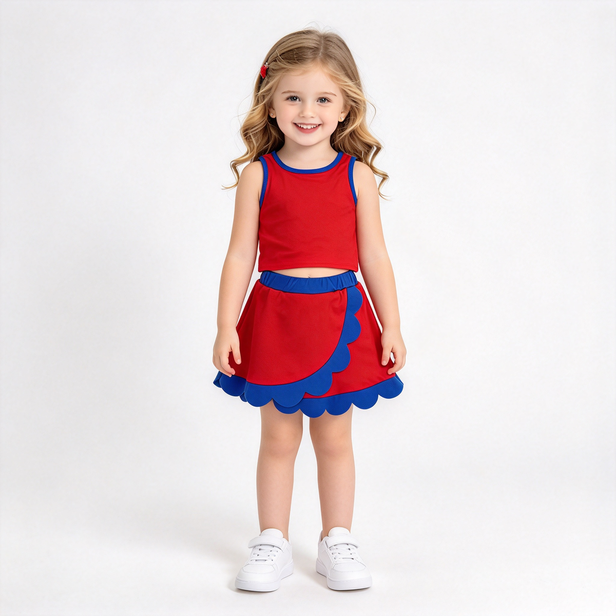 RTS NO MOQ Sibling yoga fabric cotton Baby Girls Solid Sleeveless Crop Tank And Scallop Edge Skort Summer Active Outfit