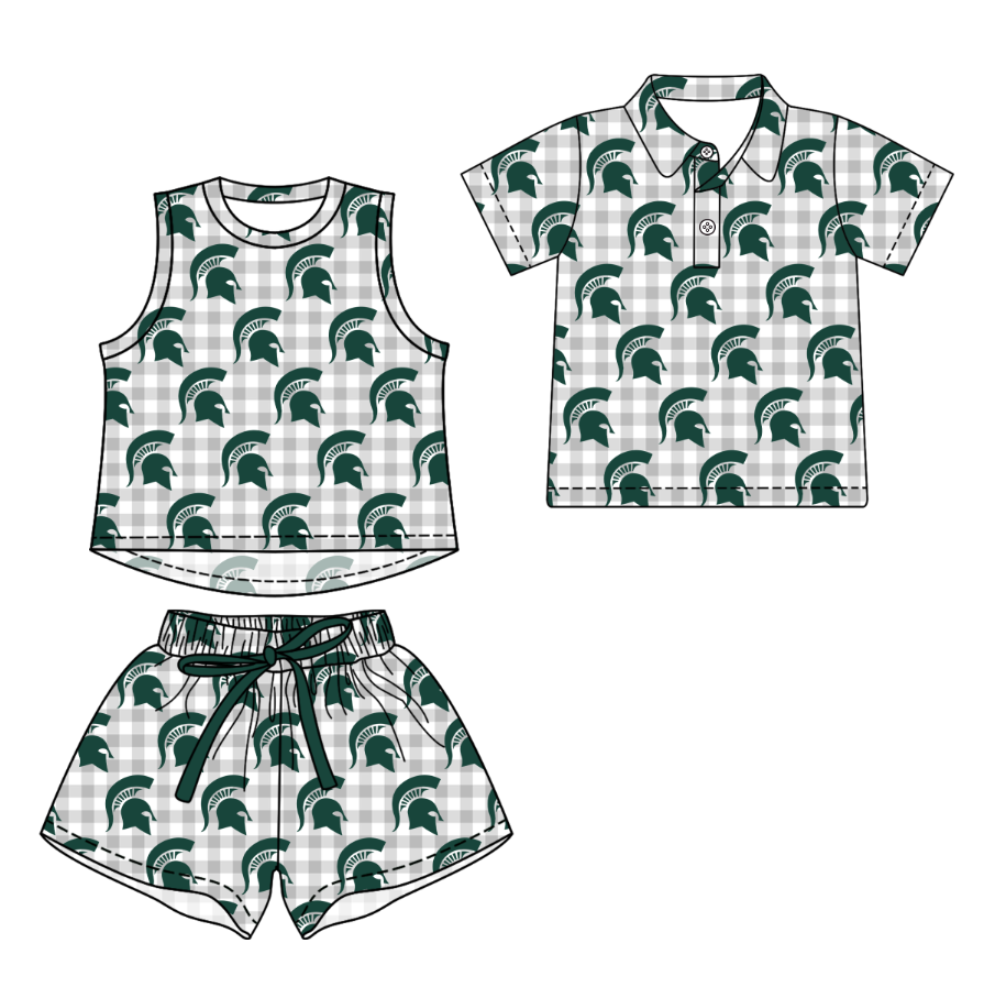 Custom moq 5 mix size milk silk summer teams Girls Grey Sleeveless Checked Top And Short Sets Boys Checked Short Sleeve Button Polo Shirt Top