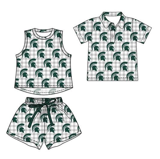 Custom moq 5 mix size milk silk summer teams Girls Grey Sleeveless Checked Top And Short Sets Boys Checked Short Sleeve Button Polo Shirt Top