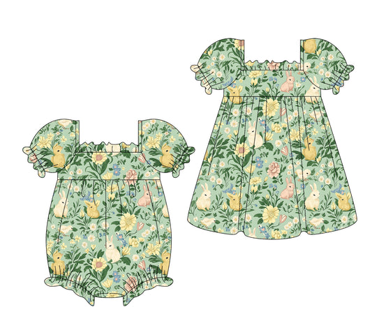 25.9.17 custom each style moq 8 eta 6-8week Sibling Sisters rabbit floral baby girl short sleeve dress and rompers match family design
