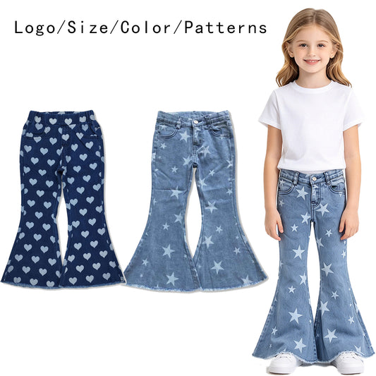 RTS NO MOQ Sibling Denim Baby Girls Heart And Star Print Denim Bell Bottom Flare Pants