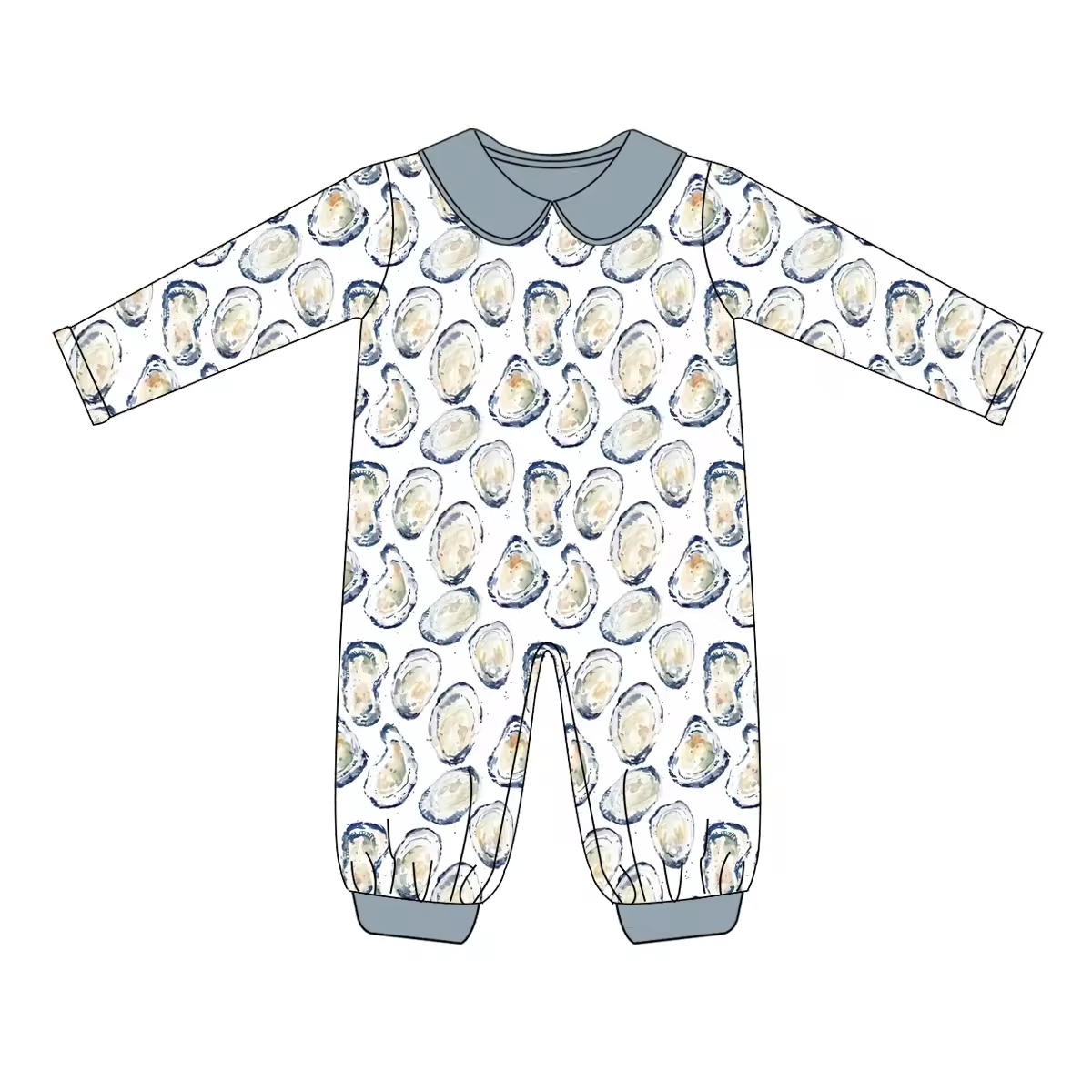 Custom moq 3 eta 6-8 weeks  Gray blue baby collar scallop long romper