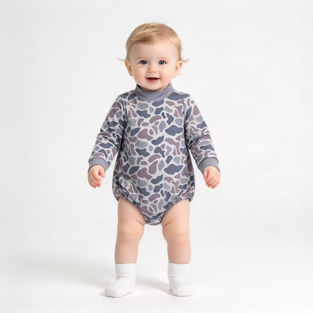 RTS NO MOQ Sibling milk silk High Neck Baby Boys Camo Print Long Sleeve Bubble Romper