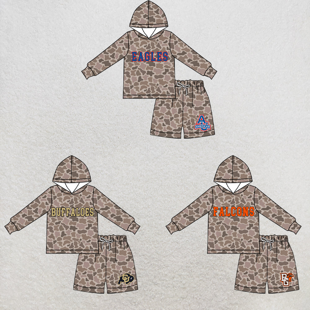 custom moq 5 mix size XY073003 Baby Kids Camo Long Sleeve Hooded Top Camo Shorts Team Outfit Set