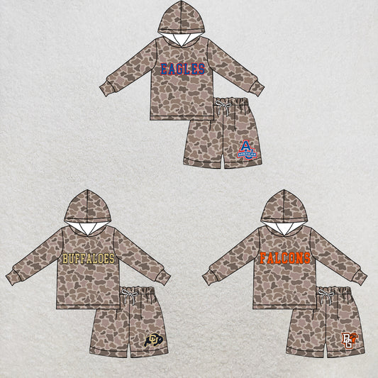 custom moq 5 mix size XY073003 Baby Kids Camo Long Sleeve Hooded Top Camo Shorts Team Outfit Set