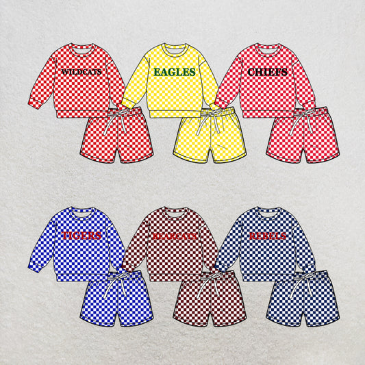 custom moq 5 mix size MSD070403 Baby Kids Plaid Long Sleeve Top And Shorts Set
