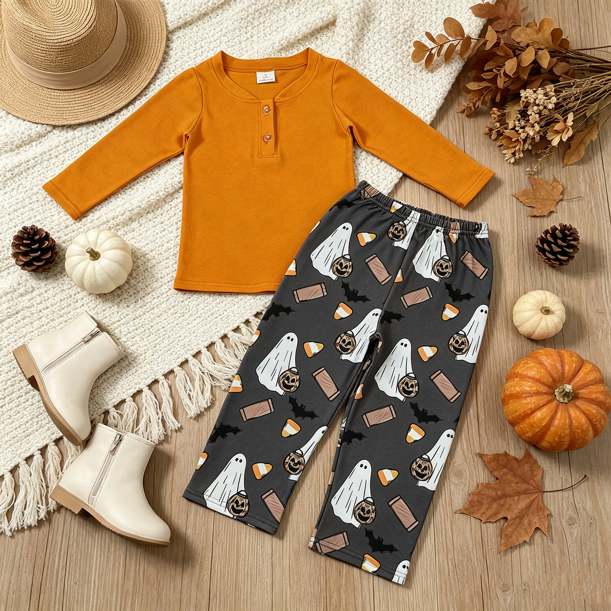 NEW RTS NO MOQ milk silk BLP1546 Baby Boys Orange Button Top Ghosts Pumpkins Pant Halloween Clothes Set Fall Holiday Casual Outfit