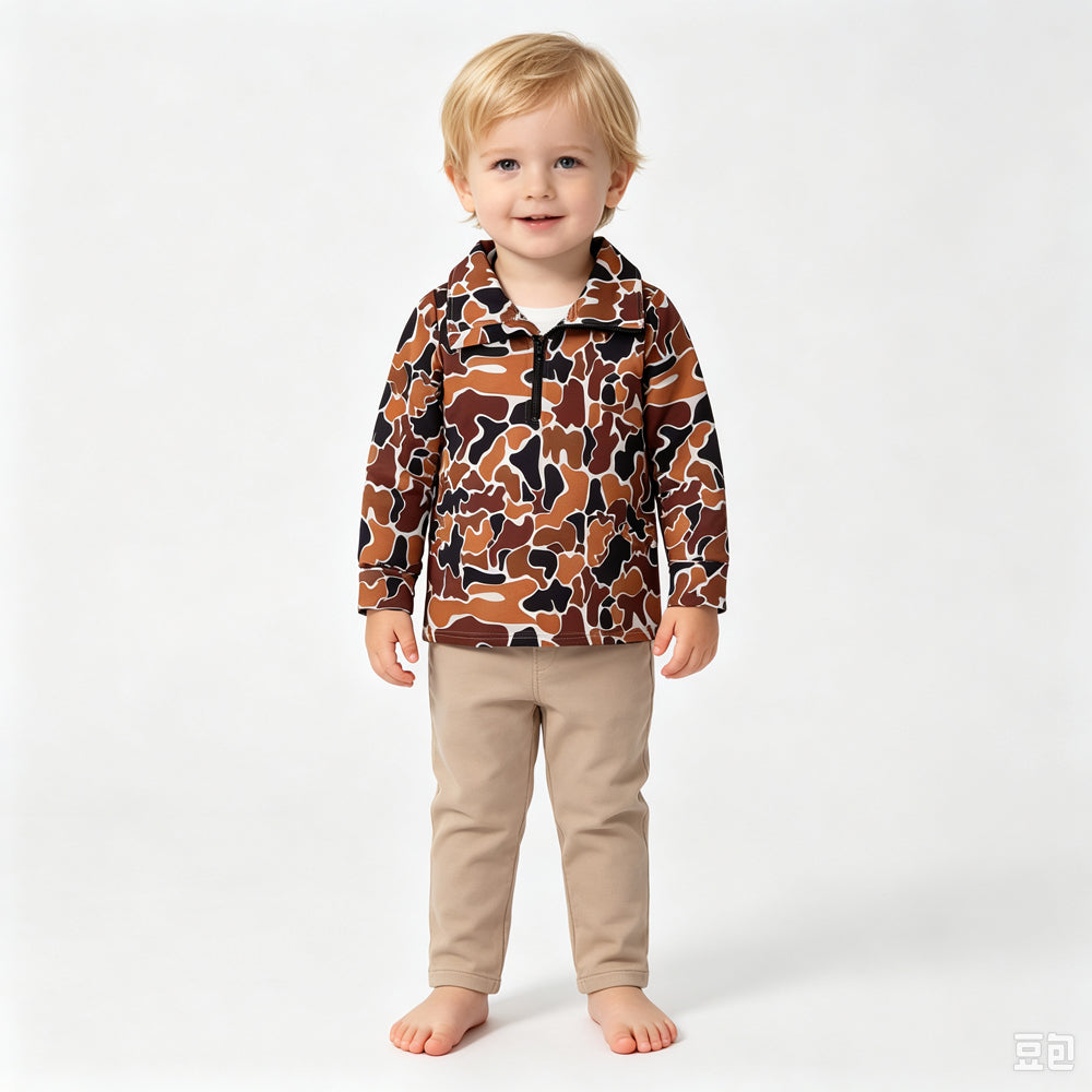 RTS NO MOQ Sibling milk silk Baby Boys Camo Half Zip Collared Long Sleeve Shirt