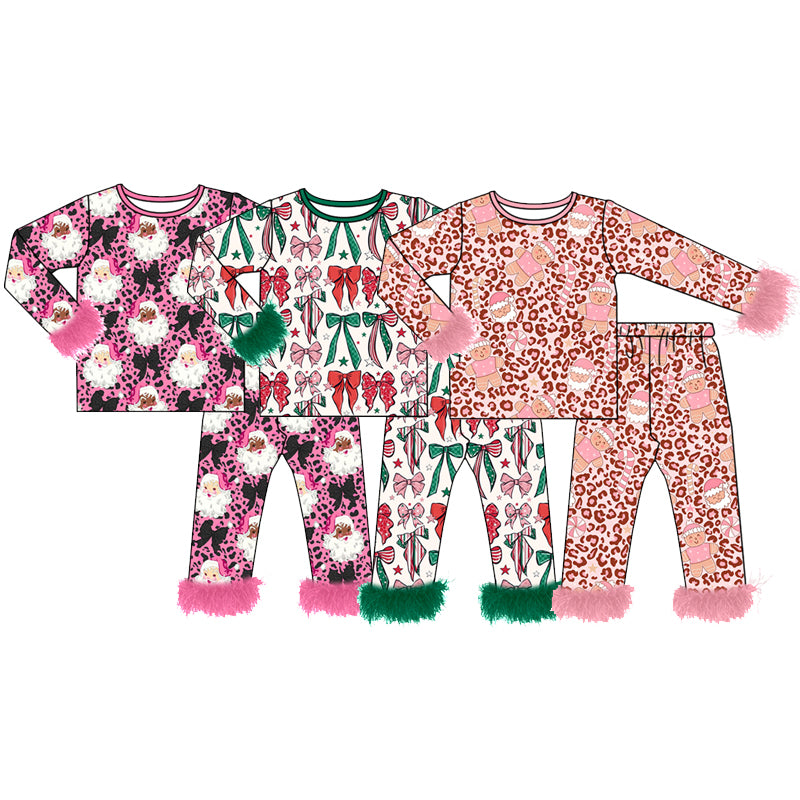 (Preorder new) No moq Baby Girls Christmas Santa Leopard Print Long Sleeve Pajama Sets