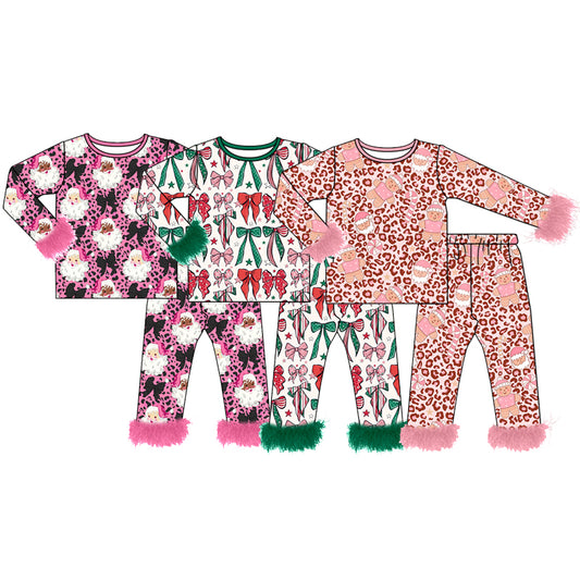 (Preorder new) No moq Baby Girls Christmas Santa Leopard Print Long Sleeve Pajama Sets