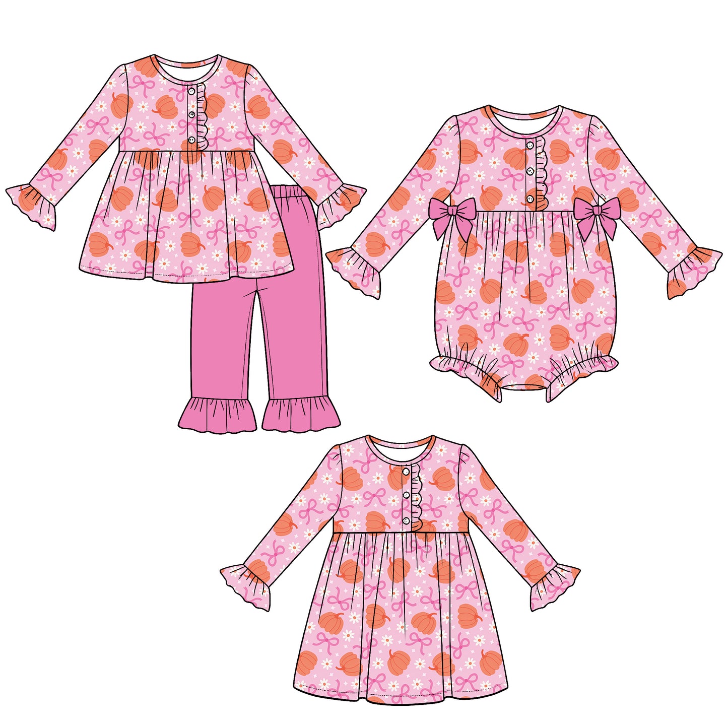 (Preorder new) No moq milk silk Baby Girls Pumpkins Bows Flowers Button Top Ruffle Pants Set Dresses Romper