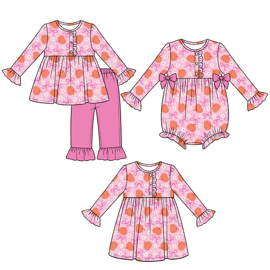 (Preorder new) No moq milk silk Baby Girls Pumpkins Bows Flowers Button Top Ruffle Pants Set Dresses Romper