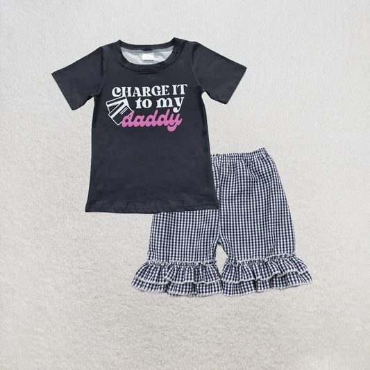 RTS NO MOQ milk silk GT0314+SS0068 Baby Black Daddy Girl Short Sleeve Tee Shirts Double Ruffle Shorts Set