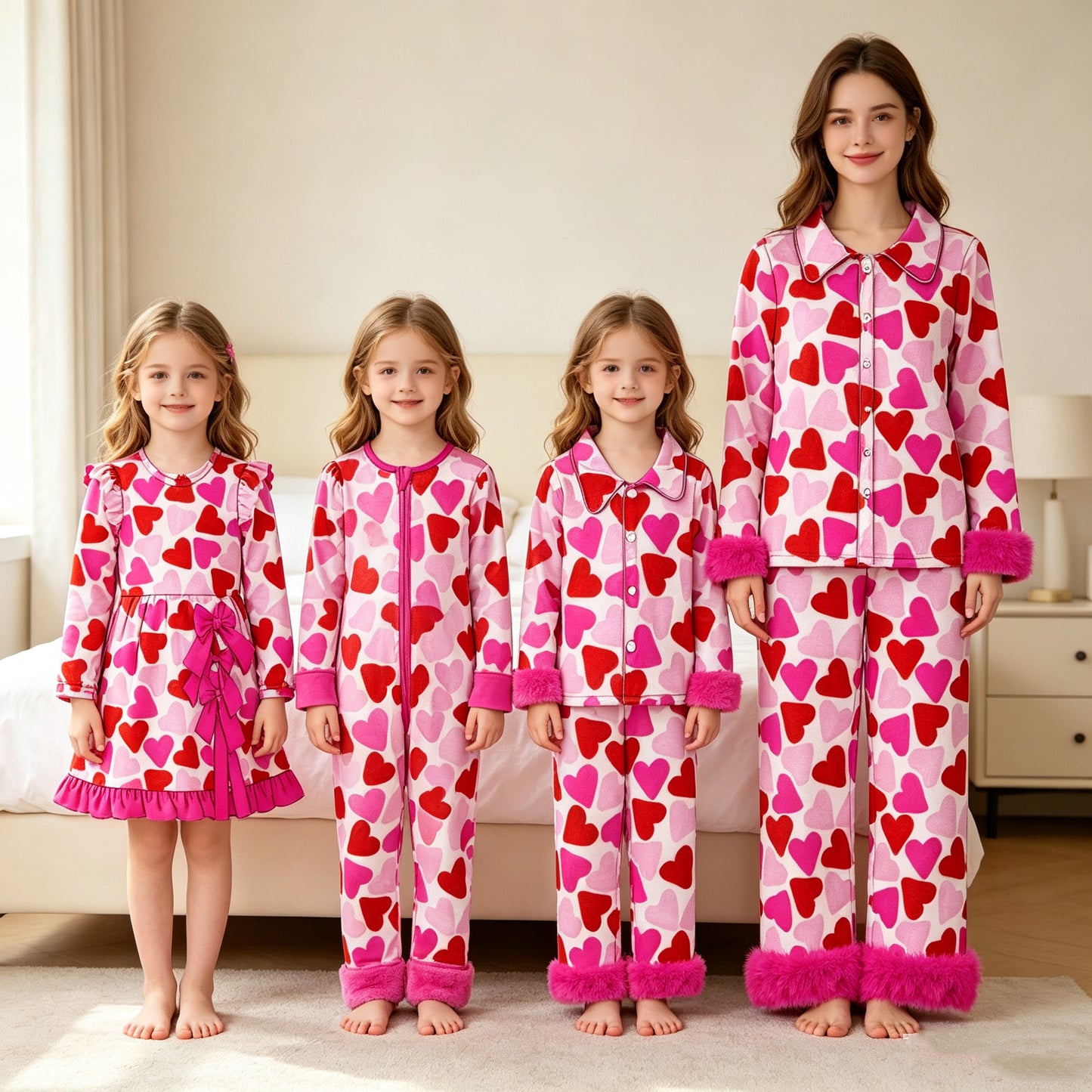 (Preorder new) No moq Adult To Match Kids Pink Red Hearts Button Top Pant Valentines Fur Sleeves Pajamas Sets Romper Blankets Dress