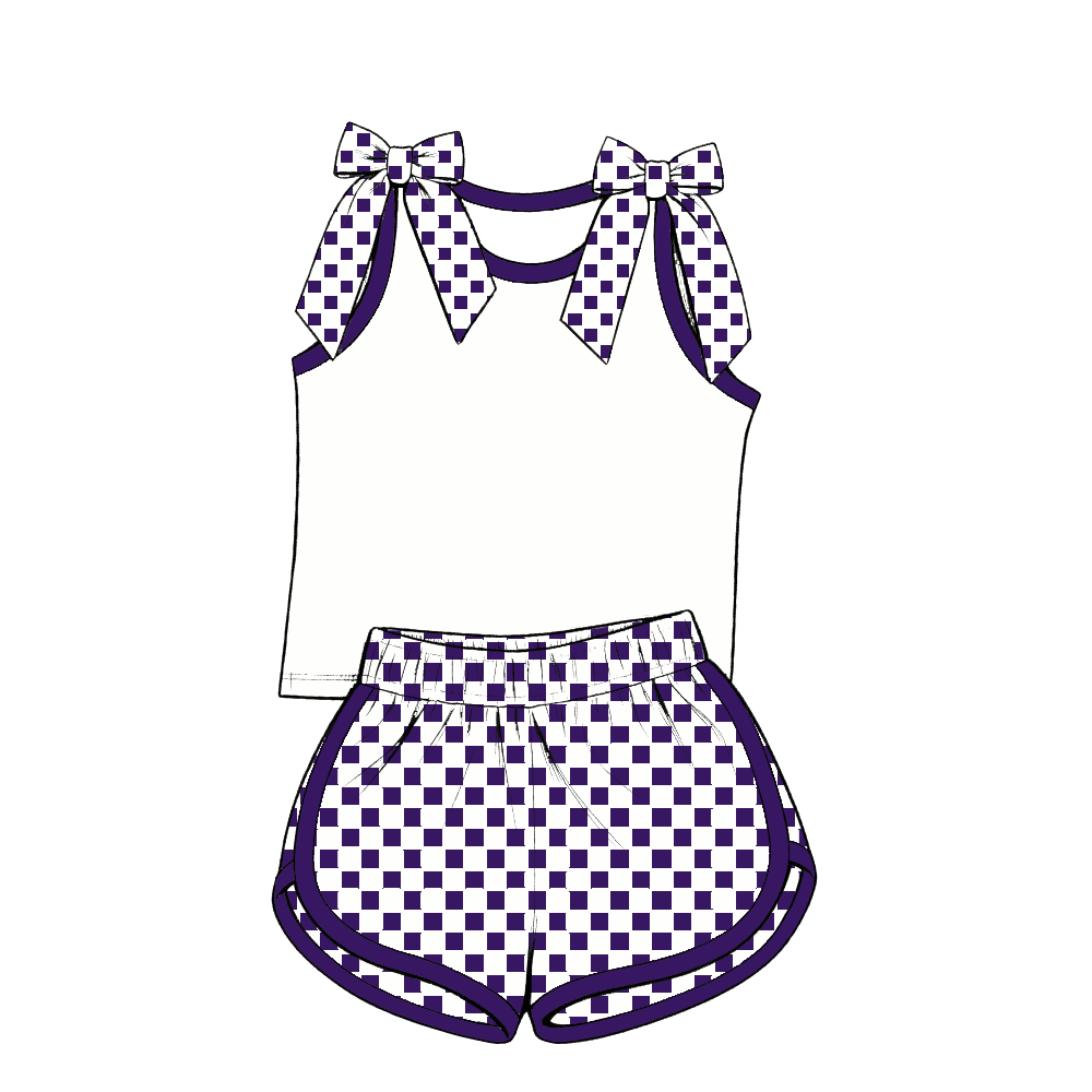 custom moq 5 mix size Baby Girls Purple Bow Sleeveless Top Shorts Summer Outfit Sets