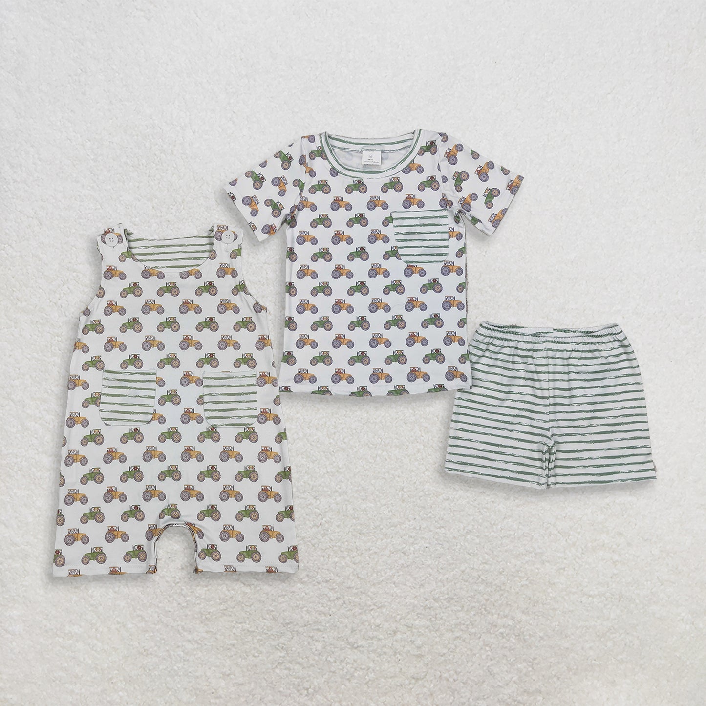RTS NO MOQ milk silk Sibling Baby Boys Farm Trucks Pocket Top Casual Shorts Set Pocket Rompers