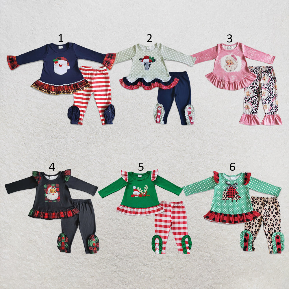 RTS NO MOQ Sibling milk silk Baby Girls Christmas Cow Print Long Sleeve Tunic Top And Casual Pants Clothes Set
