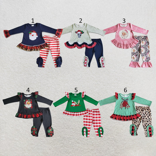 RTS NO MOQ Sibling milk silk Baby Girls Christmas Cow Print Long Sleeve Tunic Top And Casual Pants Clothes Set