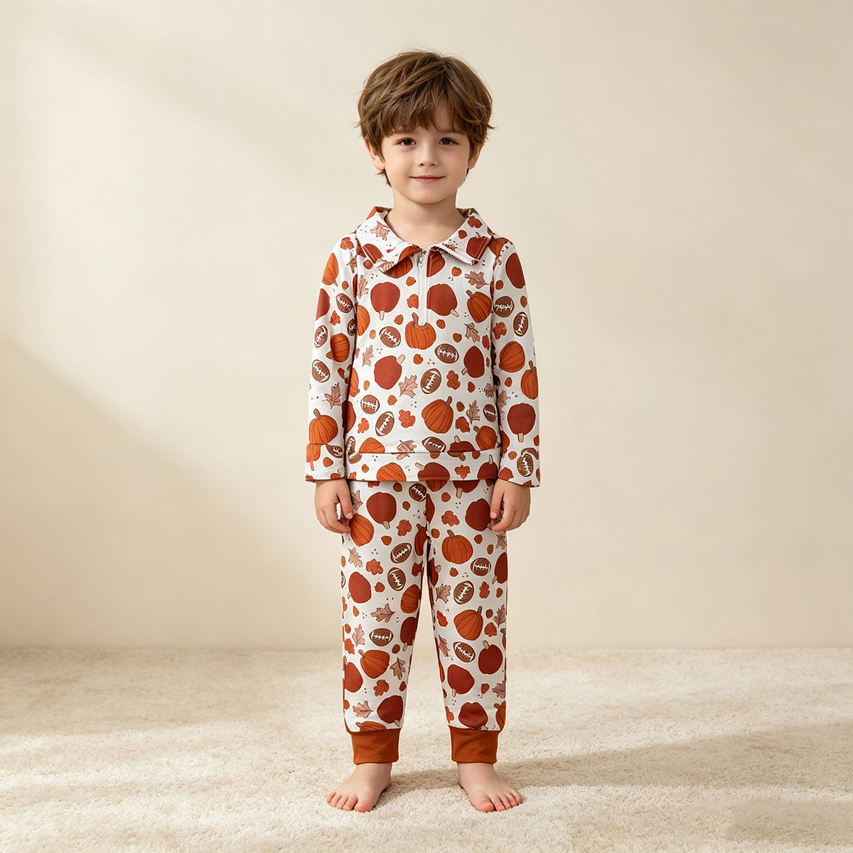(Sample) No moq milk silk BLP1573（BT1894+P1197）Baby Boys Fall Pumpkin Football Leaf Print Half Zip Collar Long Sleeve Top Jogger Pant Set