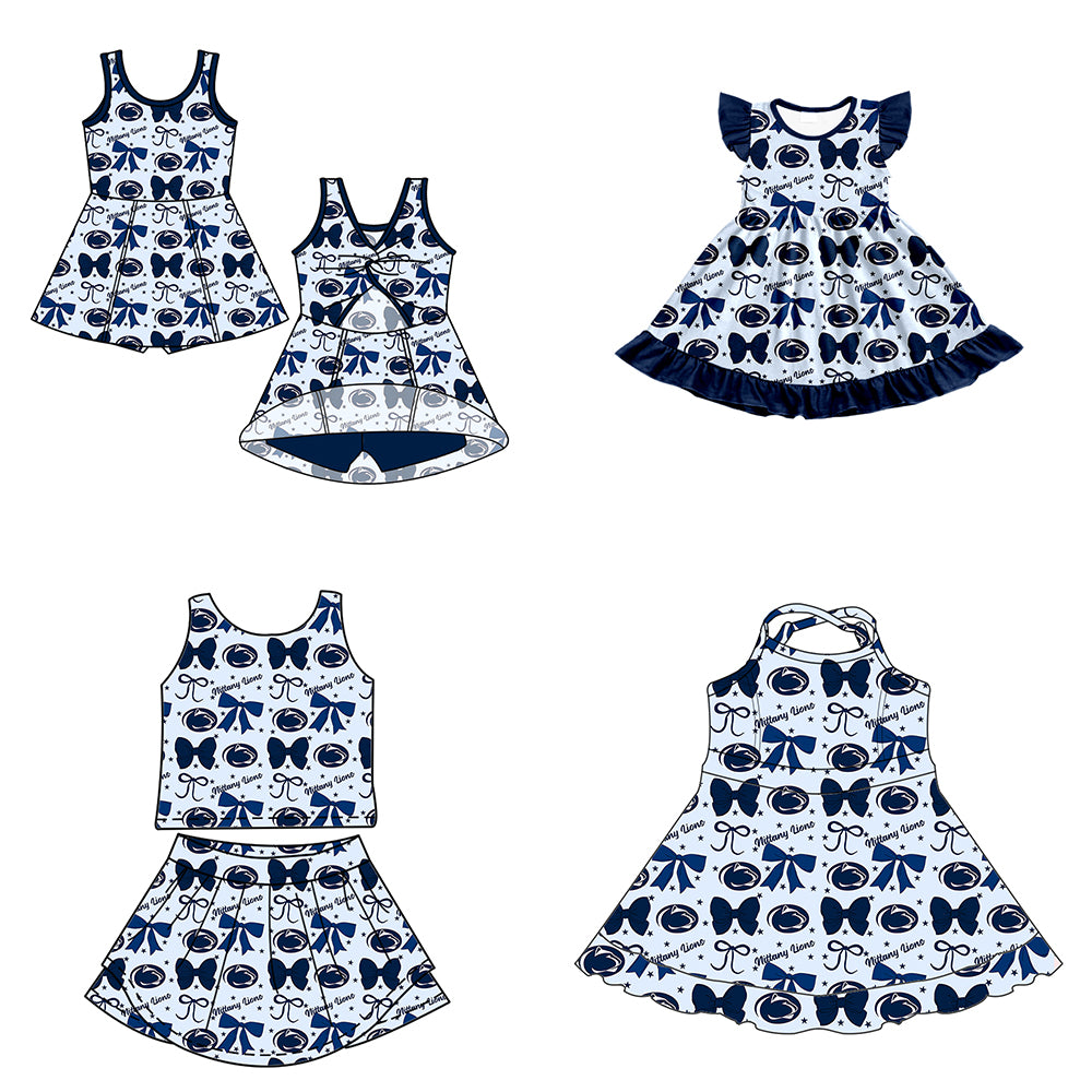 Custom moq 5 mix size milk silk summer teams baby girls clothes team bow blue sleeveless skirts sets and dress 1 and dress 2 and dress 3-25.6.27