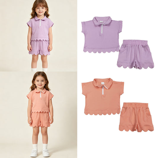 RTS NO MOQ Sibling cotton Baby Girls Zipper Pullover Top Scallop Pocket Short Outfit Set