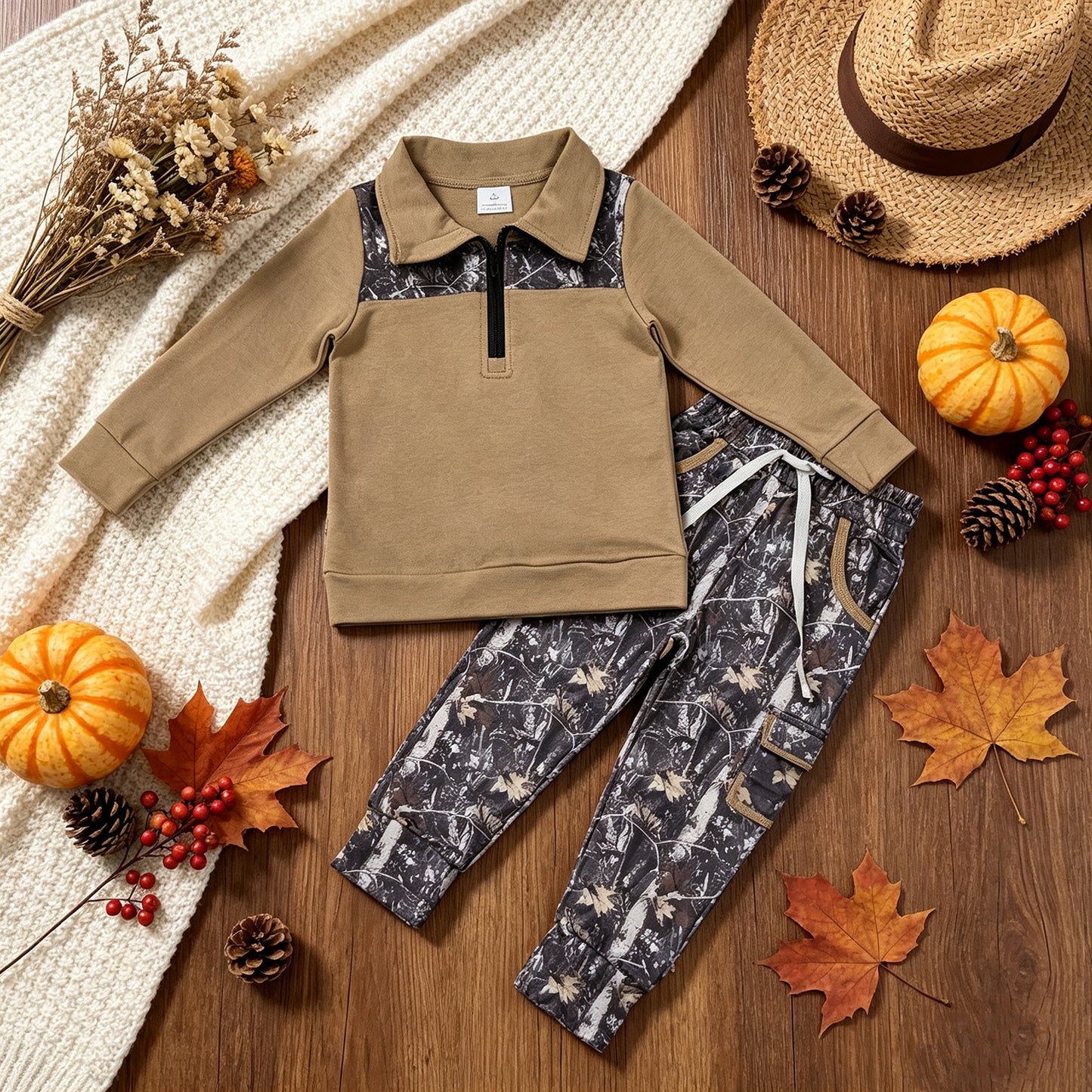 NEW RTS NO MOQ milk silk BLP1446 Baby Boys Camo Print Long Sleeve Zip Up Pullover Top Side Pocket Jogger Pants Set