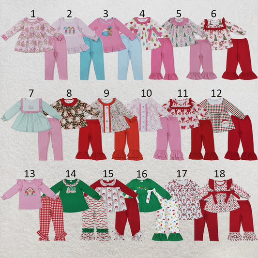 RTS NO MOQ Sibling milk silk Baby Girls Cute Tree Bow Tunic Ruffle Pants Holiday Set