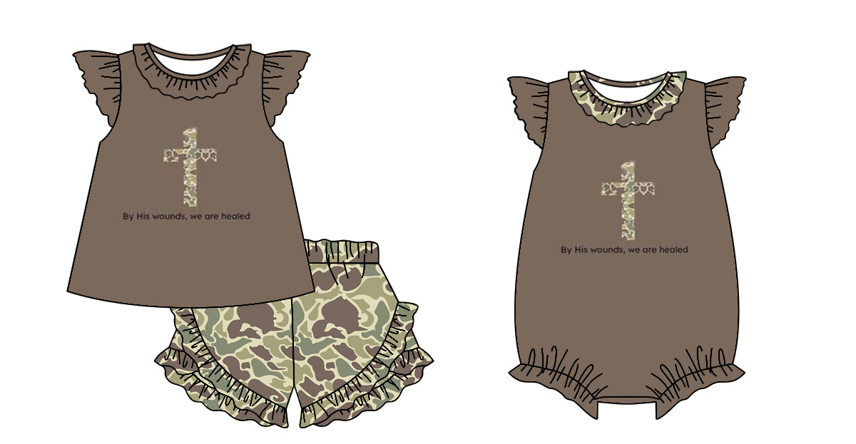 11.20 custom each style moq 5eta 4-6week Sibling Sister easter camouflage baby girl short sleeve shorts sets and rompers match design