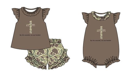 11.20 custom each style moq 5eta 4-6week Sibling Sister easter camouflage baby girl short sleeve shorts sets and rompers match design