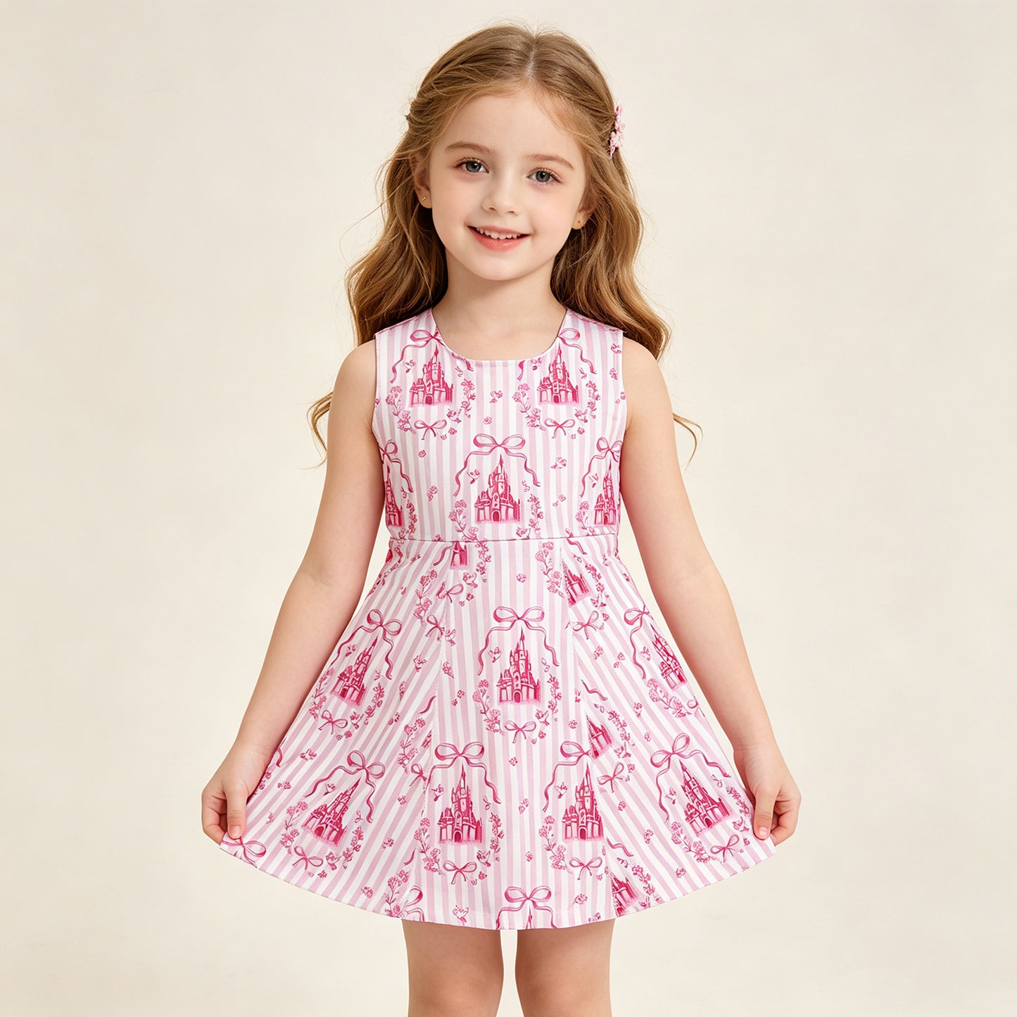 RTS NO MOQ GSD3815 Baby Girls Cute Pink Stripe Bow Yoga Casual Dresses