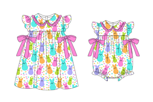 25.11.6 custom each style moq 5 eta 6-8week Sibling Sister easter bunny baby short sleeve romper and dress match design