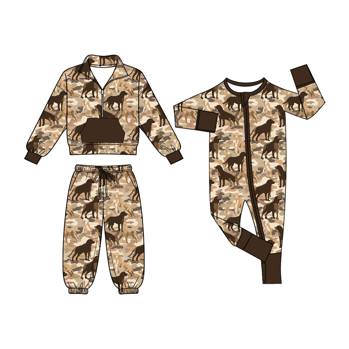 (Preorder new) No moq Baby Boys Dogs Camo Print Zip Pocket Long Sleeve Pullover And Jogger Pants Clothes Set Hunting Two Way Zip Convertible Rompers