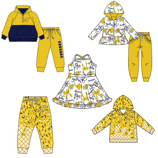 Custom moq 5 mix size milk silk summer teams baby girls clothes bow yellow hooded long sleeve pants sets and boy sets and dress and hooded top and pant-25.8.16